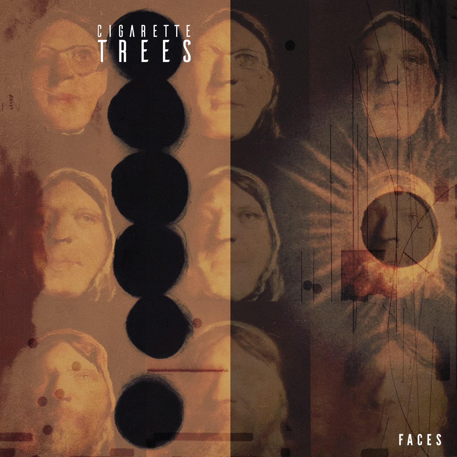 Faces by Cigarette Trees single artwork featuring 9 AI generated faces with black holes and a sun